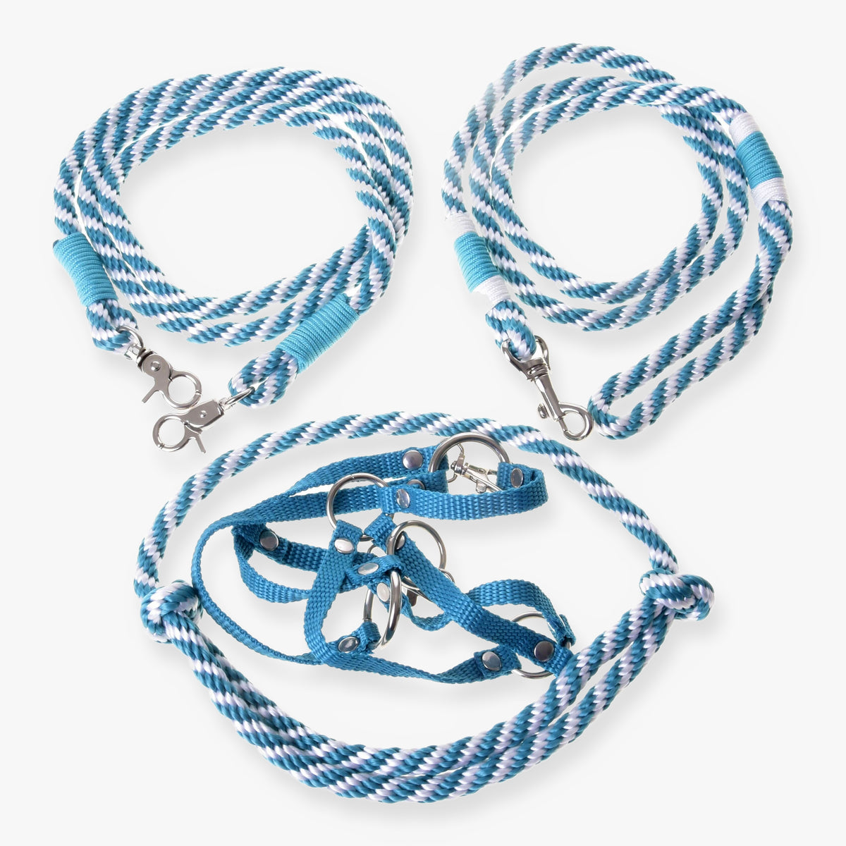 LarDen Hobby Horse komplet Start Turquoise: oglavka iz traku, vratni obroč (cordeo), povodec in vajeti v turkizni in beli barvi