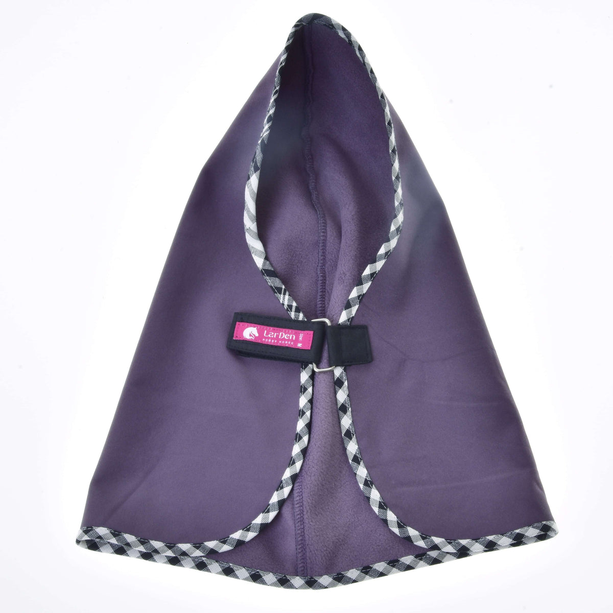 Purple stable blanket opened out to show the soft fleece lining, chest strap with pink LarDen label and checked trim