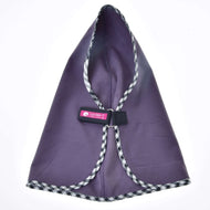 Purple stable blanket opened out to show the soft fleece lining, chest strap with pink LarDen label and checked trim