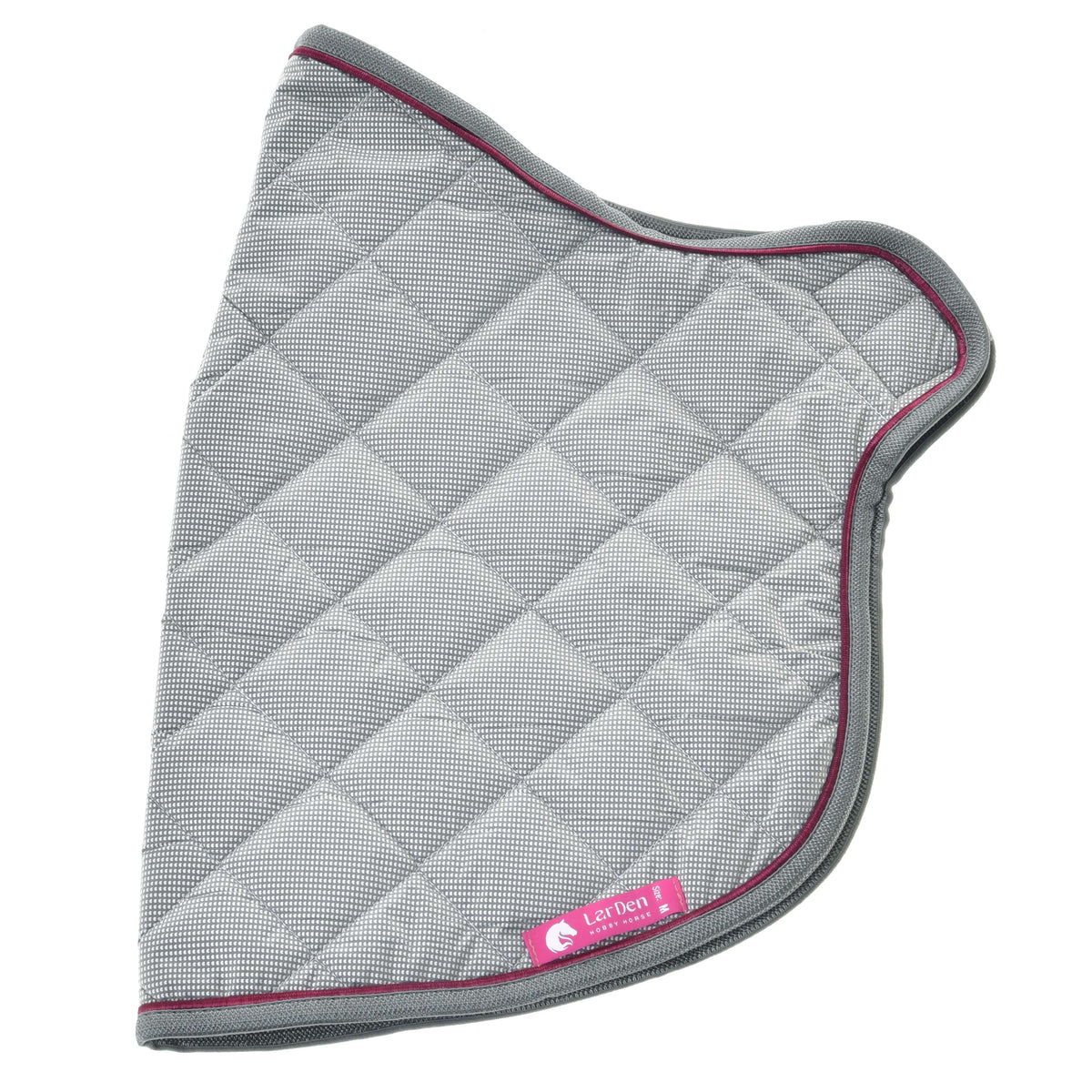 Silver grey quilted blanket laid flat with diamond stitching, raspberry piping and a pink LarDen label