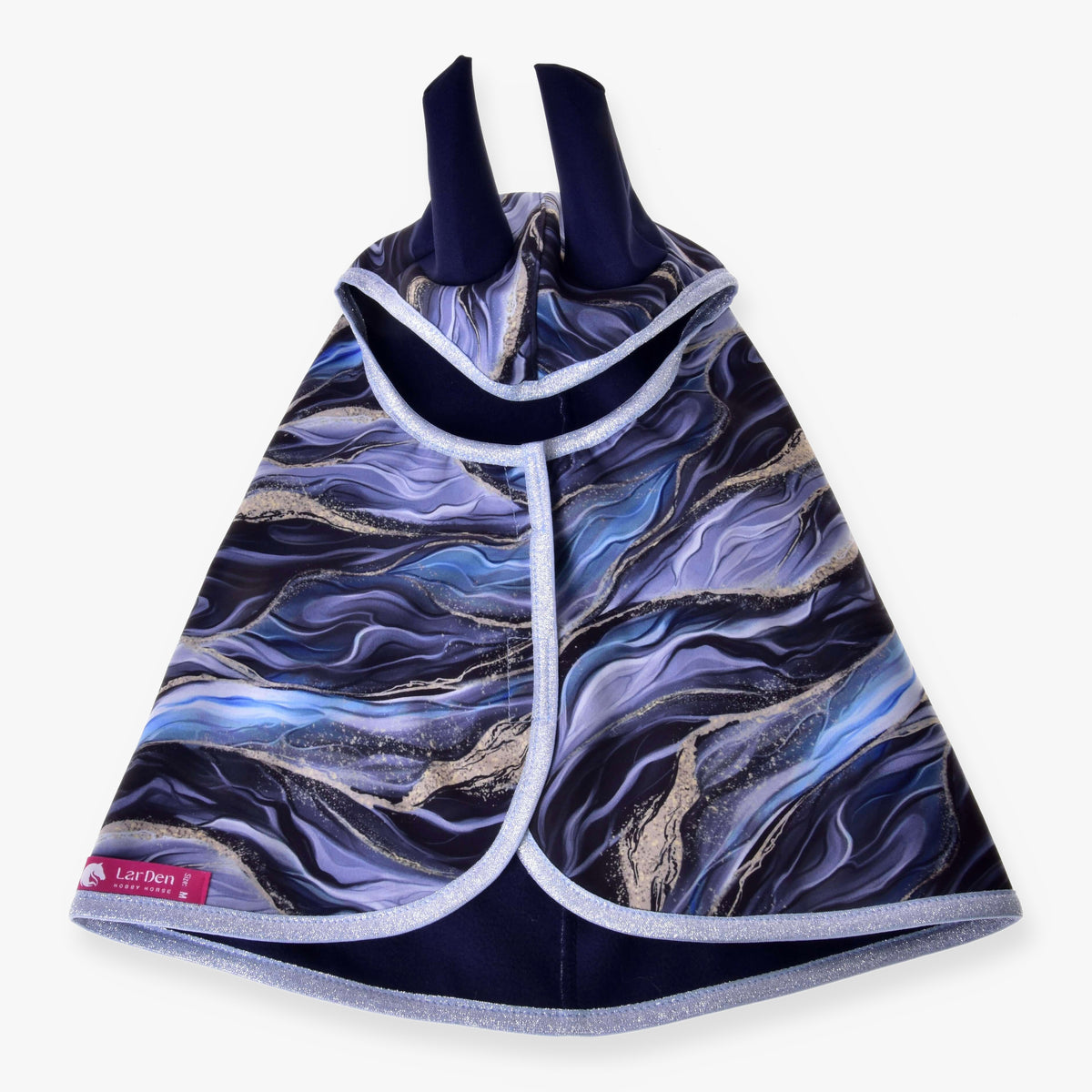 Hobby Horse Raincoat Galaxy Cobalt by LarDen from above, navy and blue marble with gold veins and silver glitter binding