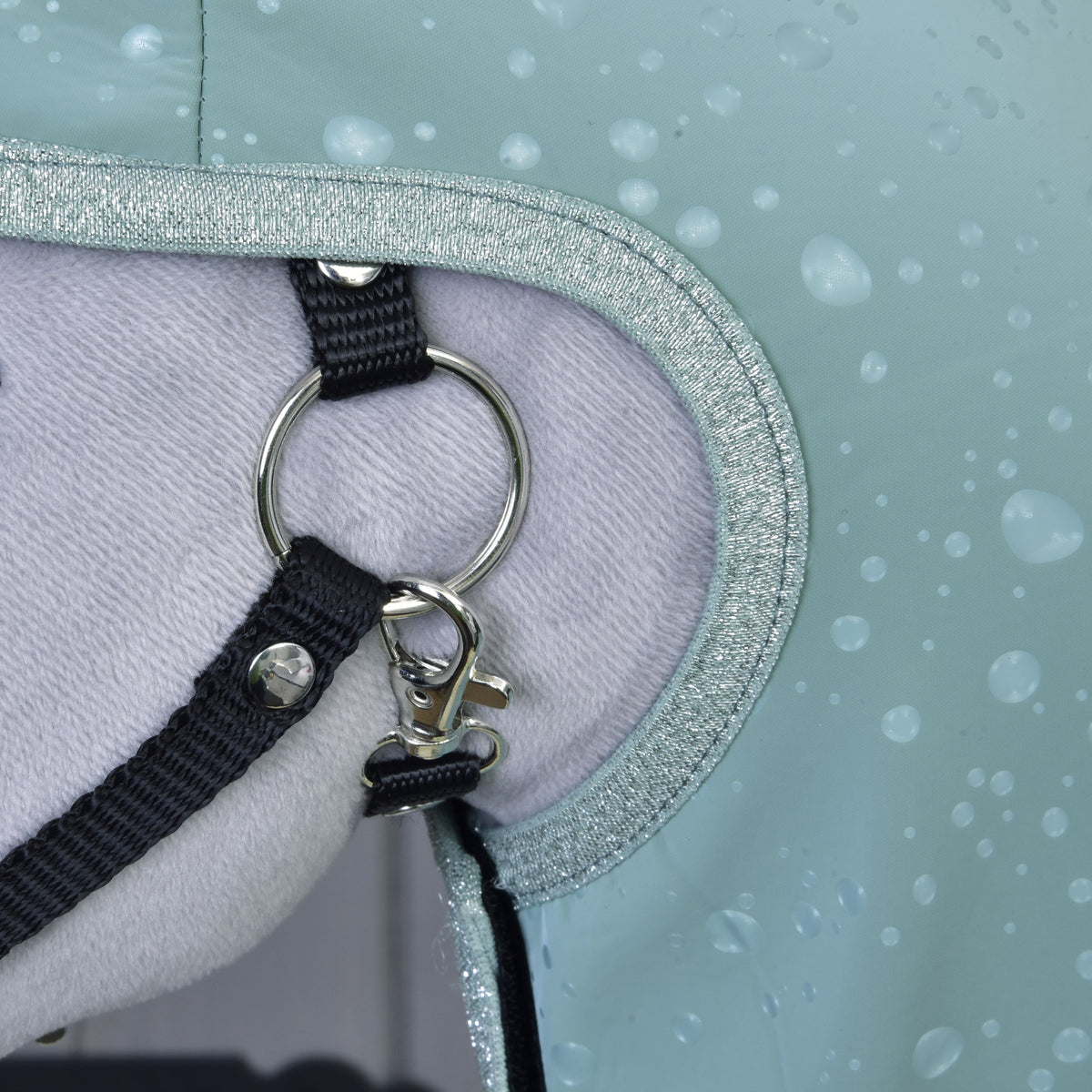 Close-up of the silver glitter trim and droplet print of the green raincoat by the black halter of a Hobby Horse