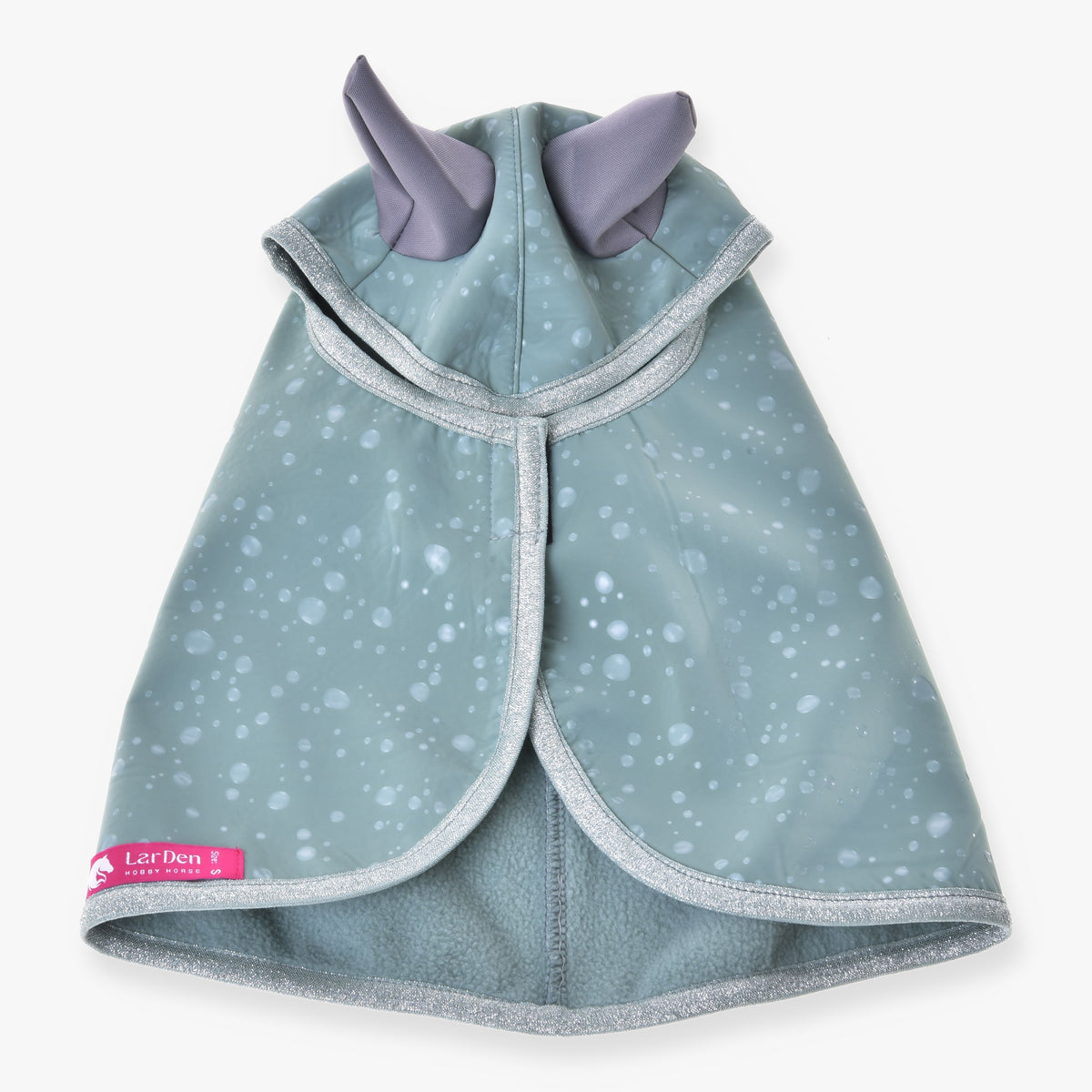 Hobby Horse Raincoat Greeny by LarDen opened out from above, sage green with pale drops, grey ears and silver glitter binding