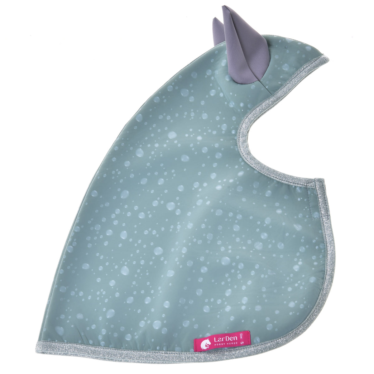 Hobby Horse Raincoat Greeny laid flat with droplet print, grey ears, silver glitter trim and pink LarDen label