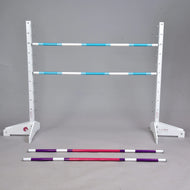 Hobby Horse Jump with Extra Poles by LarDen: two turquoise poles on white wings, two purple and pink poles on the floor