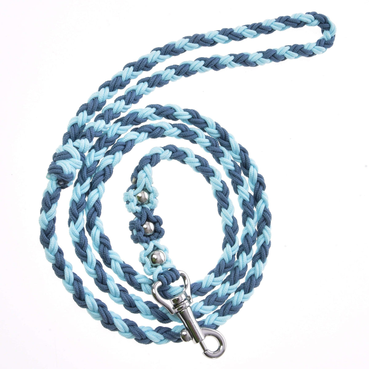 Hobby Horse povodec Bloom Blue LarDen, pleten svetlo in temno moder povodec iz paracorda s srebrnimi perlicami in karabinom