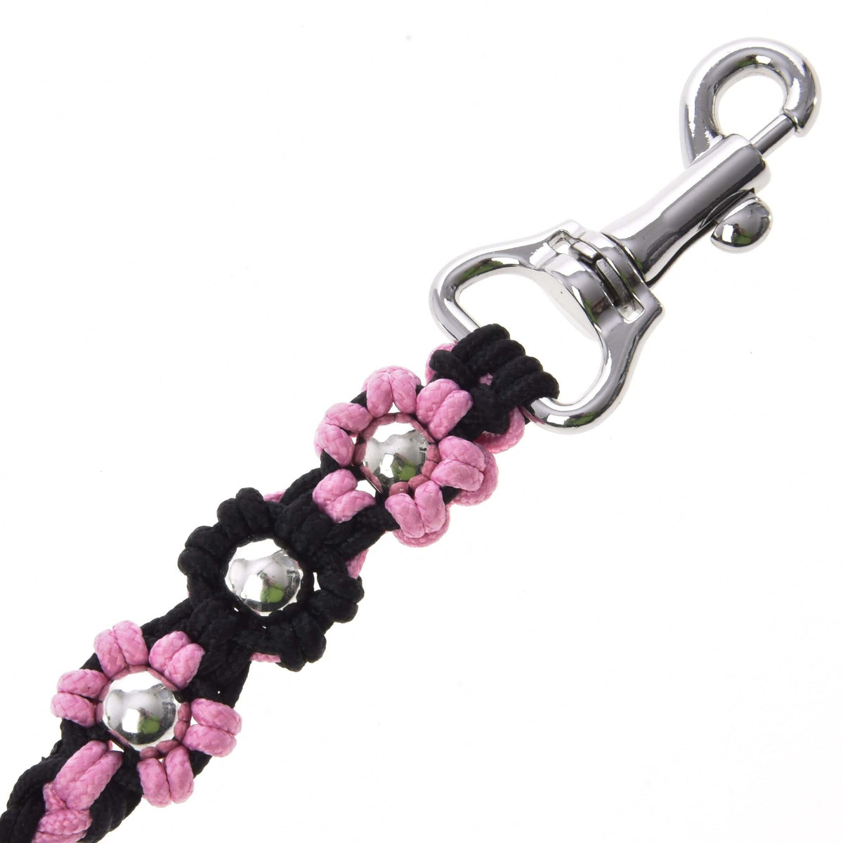 Vozlane roza-črne rože s srebrnimi perlicami ob vrtljivem karabinu Hobby Horse povodca Bloom Pink