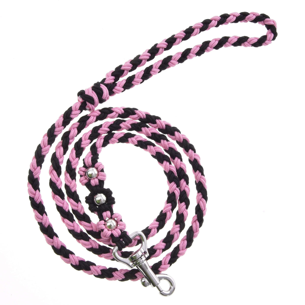 Hobby Horse povodec Bloom Pink LarDen, pleten roza-črn povodec iz paracorda z vozli v obliki rož in srebrnim karabinom