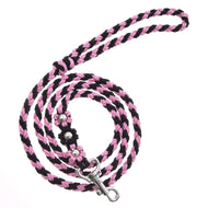 Hobby Horse povodec Bloom Pink LarDen, pleten roza-črn povodec iz paracorda z vozli v obliki rož in srebrnim karabinom