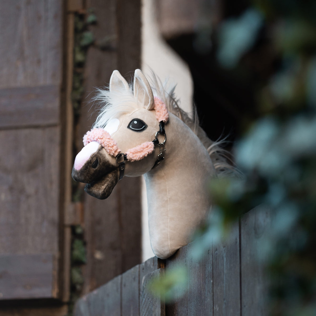 Bež Hobby Horse konj v črni oglavki z roza krznom kuka čez lesena vrata hleva