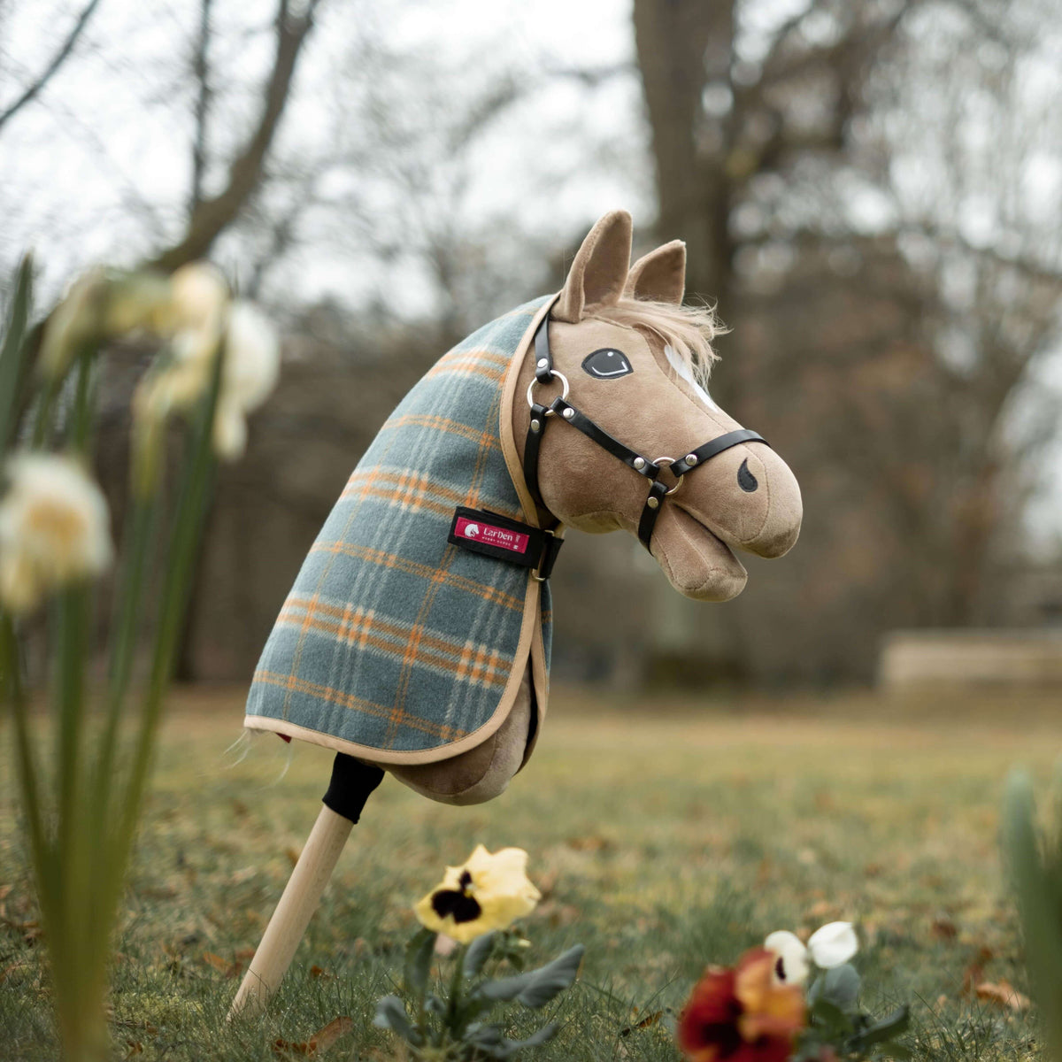 Light brown Hobby Horse in a black halter wearing a teal and orange plaid stable blanket with a pink LarDen label