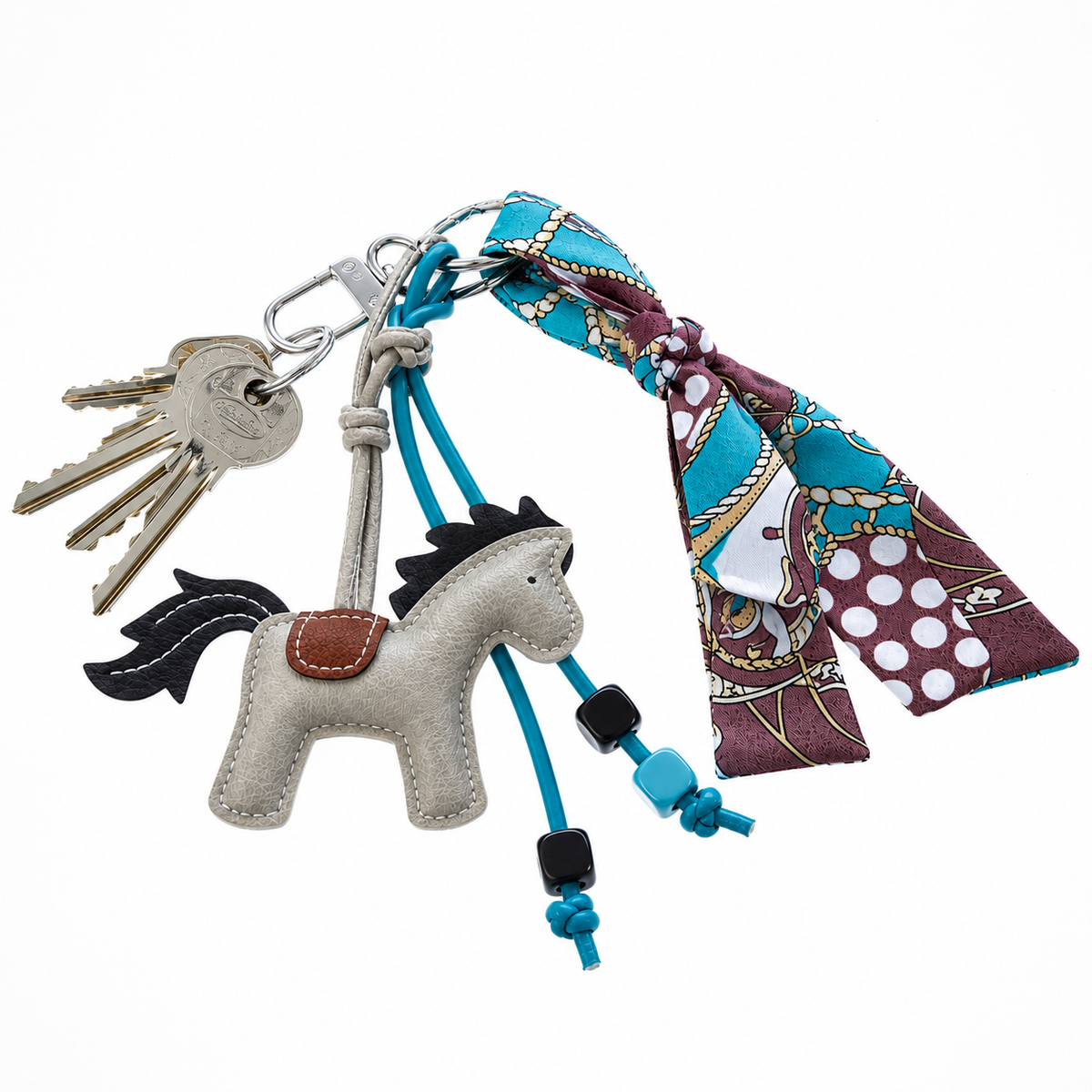 Hobby Horse Keychain Horse Grey by LarDen: grey horse charm, black mane, turquoise cords and a turquoise-burgundy scarf