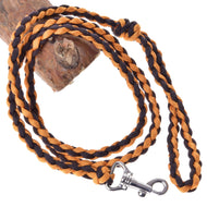 LarDen Hobby Horse Knitted Lead Rope Pomello, orange and black braided paracord lead with silver snap hook on a branch