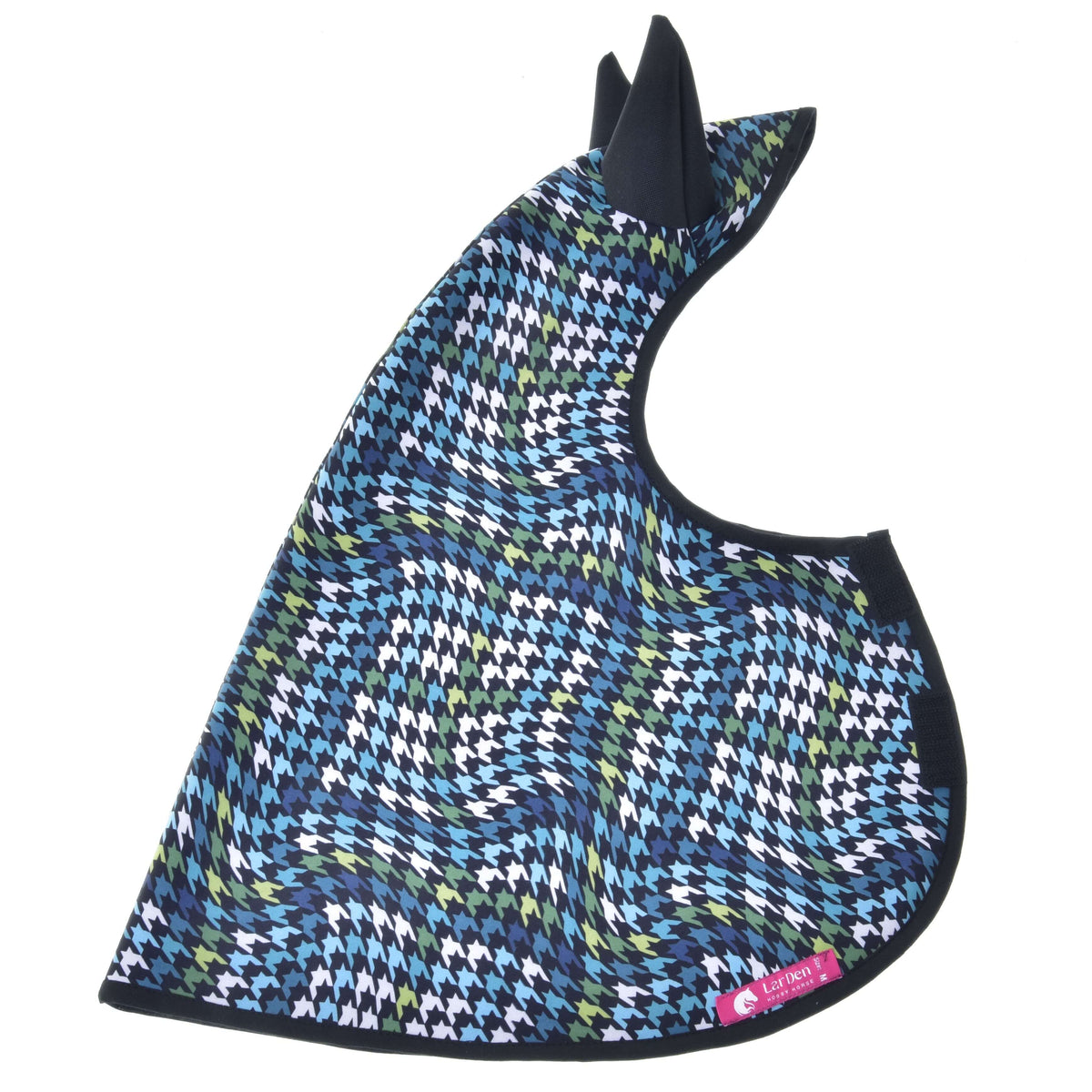 Hobby Horse Raincoat Lara laid flat on white: houndstooth fabric, black ears, black edging and a pink LarDen label