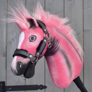 Hobby Horse LarDen Pinkie z bleščečo oglavko: roza plišasta glava s črnim senčenjem, belo liso in roza-belo grivo