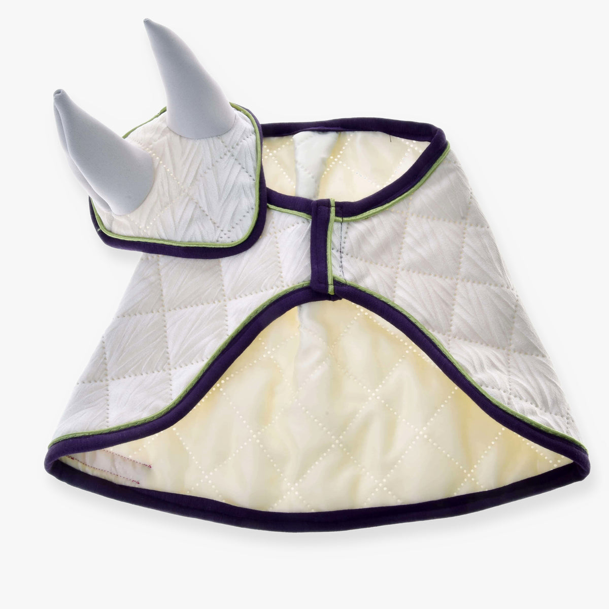 Hobby Horse Set Leonardo by LarDen: ivory quilted blanket and ear bonnet with aubergine binding and lime green piping