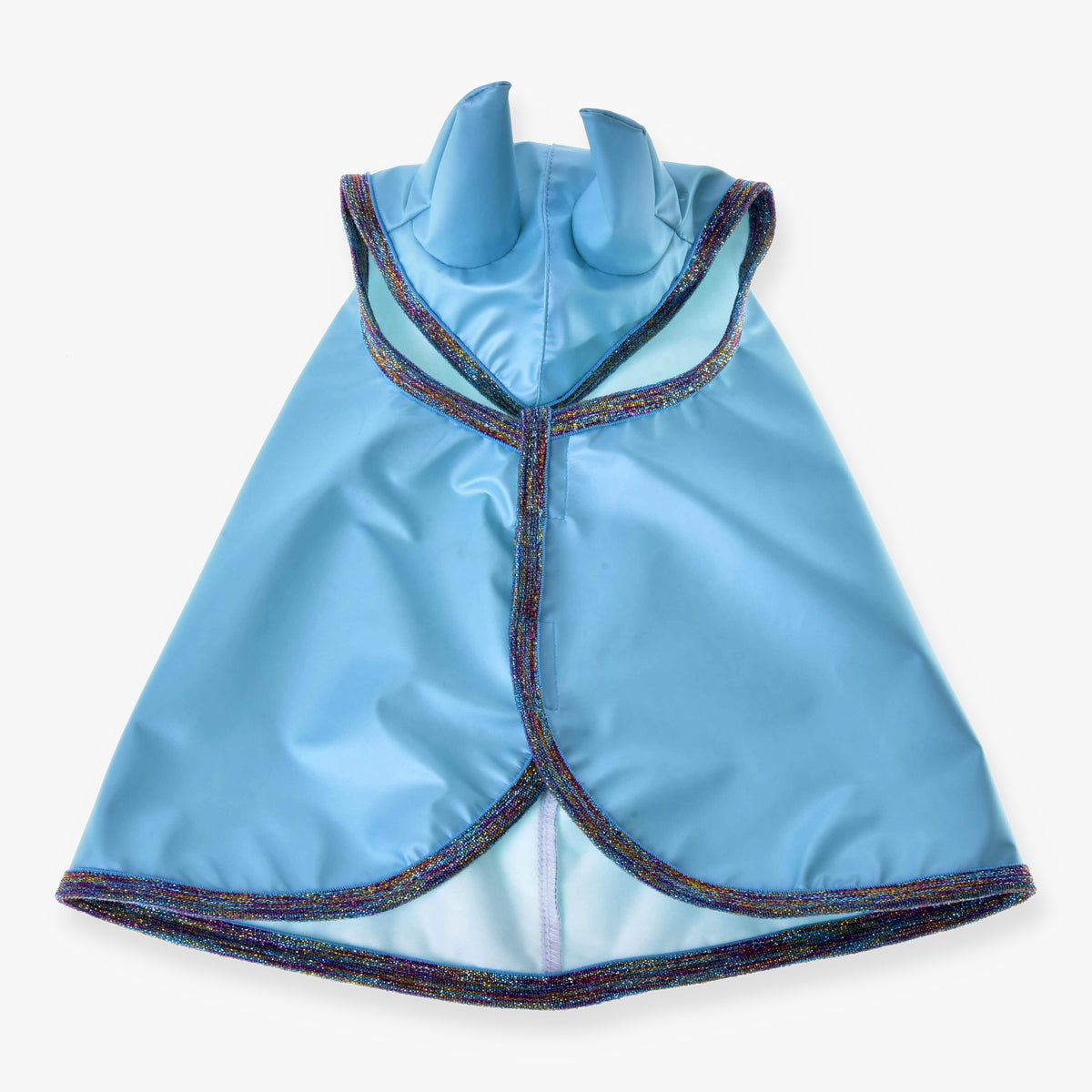 Hobby Horse dežno pregrinjalo Light Blue znamke LarDen od zgoraj: sijoče svetlo modro z ujemajočimi se ušesi, mavrično bleščečo obrobo in metino zeleno podlogo