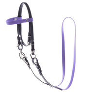 Hobby Horse kompletna uzda brez nosnika Light Purple znamke LarDen: črni jermeni z lila čelnikom in vajetmi
