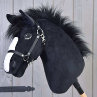 Hobby Horse Loki with Black Halter by LarDen, a black plush head with a white blaze and a fluffy black faux fur mane