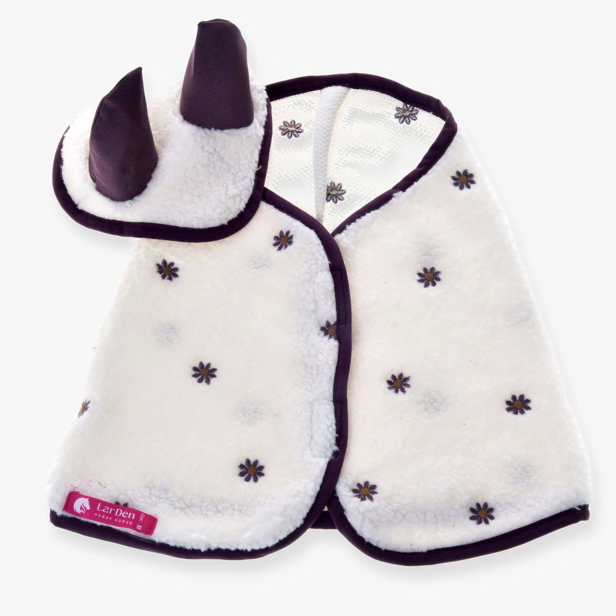 Hobby Horse Set Loret by LarDen: cream sherpa blanket and ear bonnet with embroidered plum flowers and plum trim