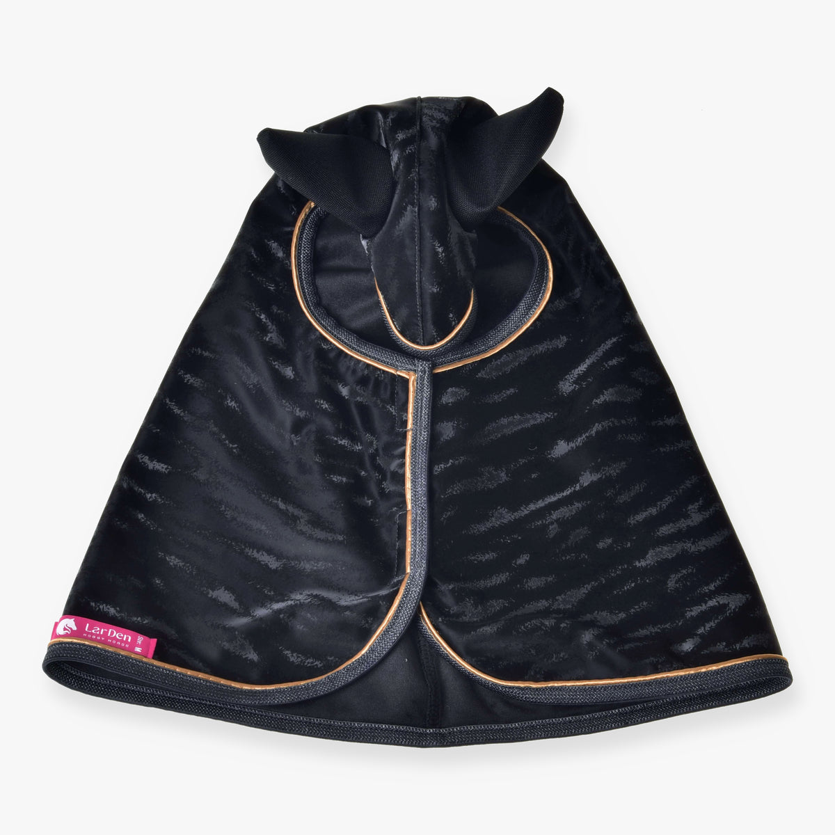 Hobby Horse Raincoat Luxury by LarDen from above, black with a glossy tonal stripe pattern, black ears and gold piping