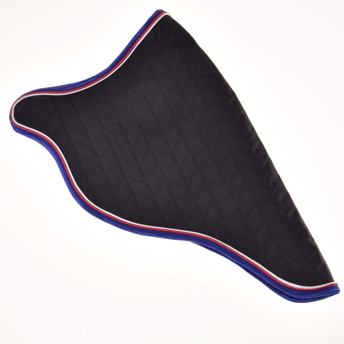 Black quilted travel rug laid flat from the side, chevron stitching and blue binding with red and white piping
