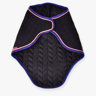Hobby Horse Travel Rug Luxury by LarDen laid open, black quilted fabric with royal blue binding and red and white piping