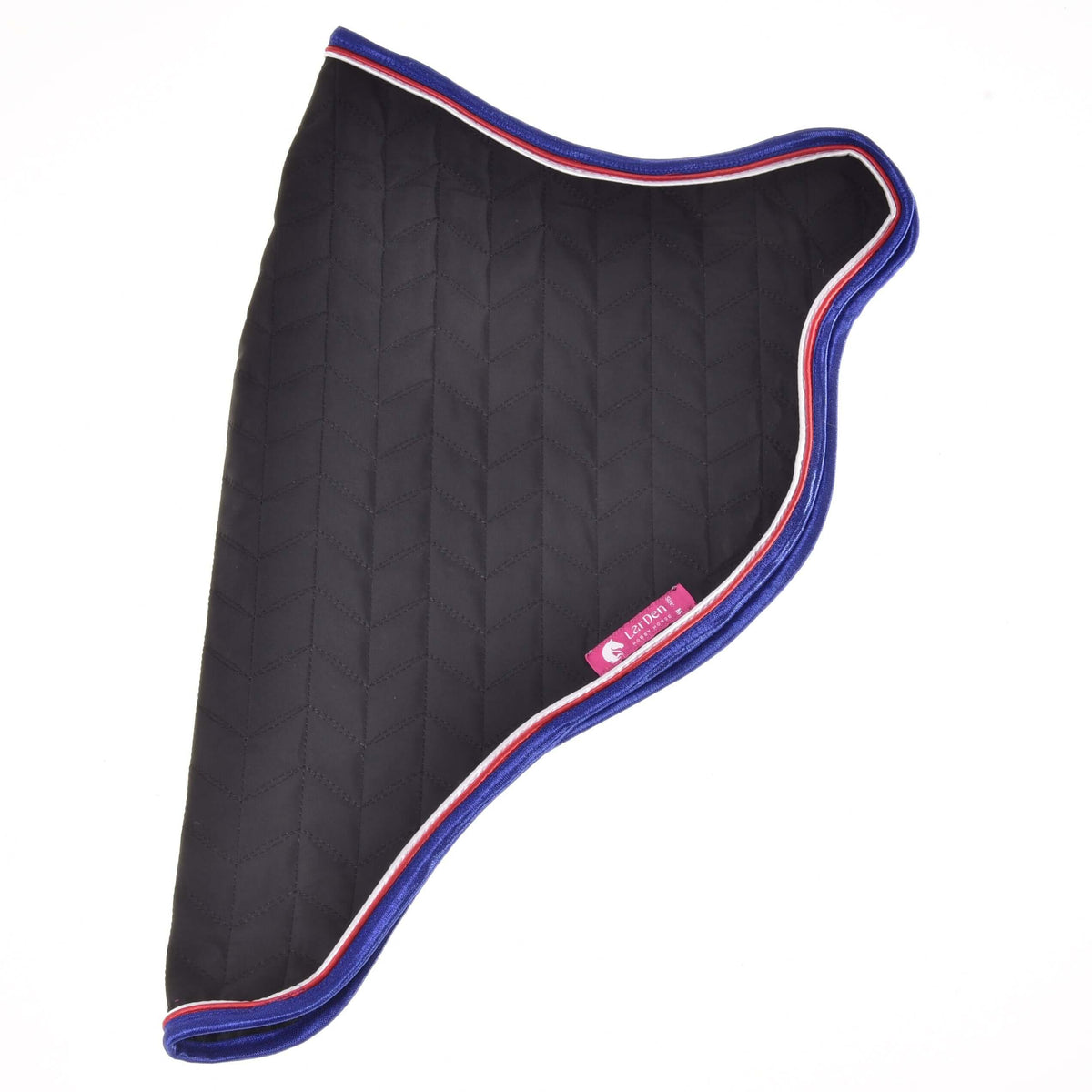 Travel rug laid flat with the neck at the top, black chevron quilting, tricolour trim and a pink LarDen label
