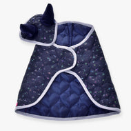 Hobby Horse Set Magic by LarDen: navy heart-quilted blanket and ear bonnet with holographic stars and grey trim