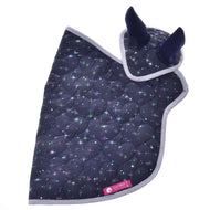 Navy star-print blanket with the matching ear bonnet on top, heart quilting, grey trim and a pink LarDen label