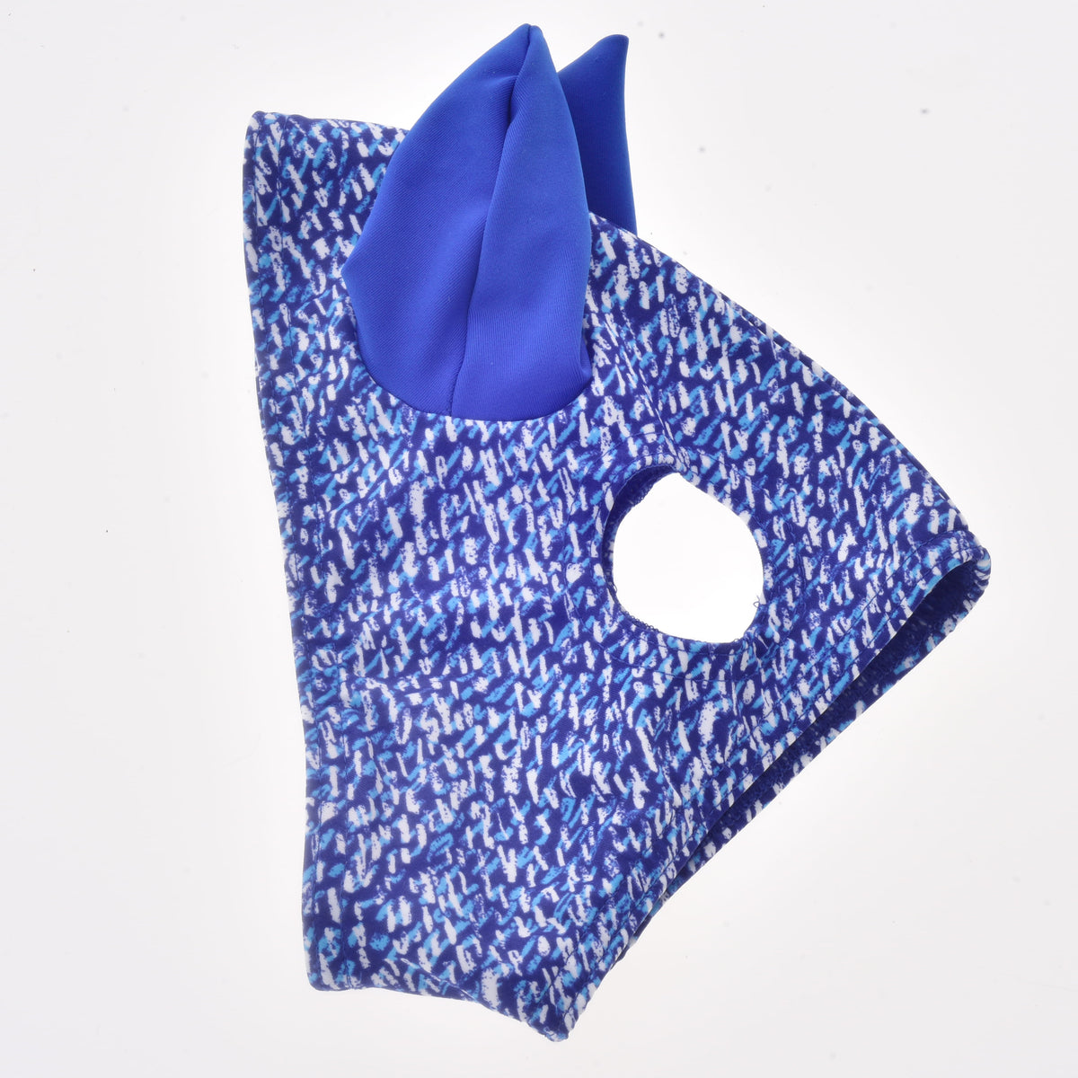 Horse Mask See from the other side, both royal blue ears standing up above the eye opening in the speckled fabric