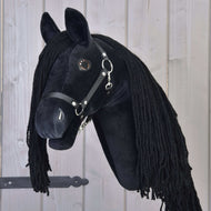 Hobby Horse Maximus with Black Halter by LarDen, a black plush head with a long black yarn mane and shiny brown eyes