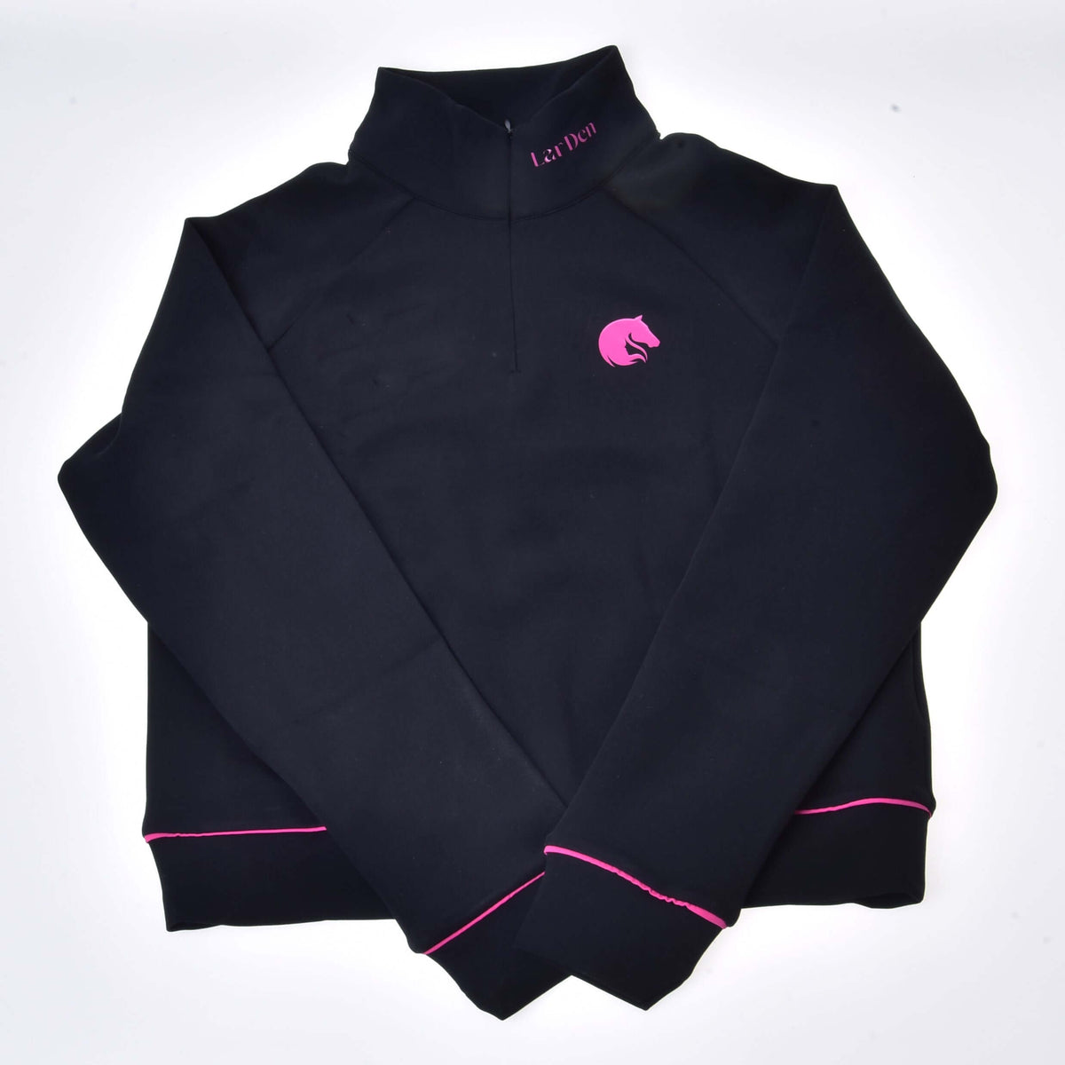 Hobby Horse LarDen Sweatshirt in black with a half zip, pink horse head logo and pink piping on cuffs and hem