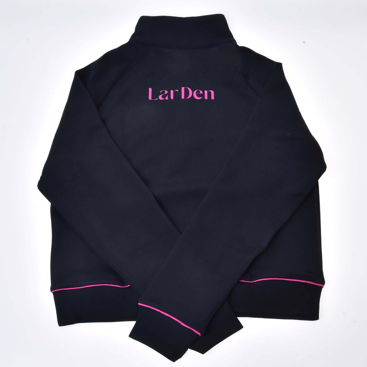 Back of the black Hobby Horse LarDen Sweatshirt laid flat, with pink lettering across the shoulders and pink-piped cuffs