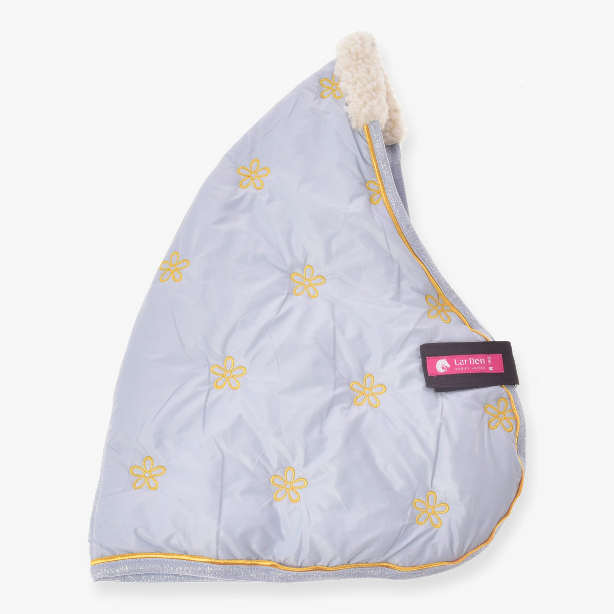 Hobby Horse Stable Blanket Misty by LarDen in pale blue with yellow embroidered flowers, yellow piping and a fleece collar
