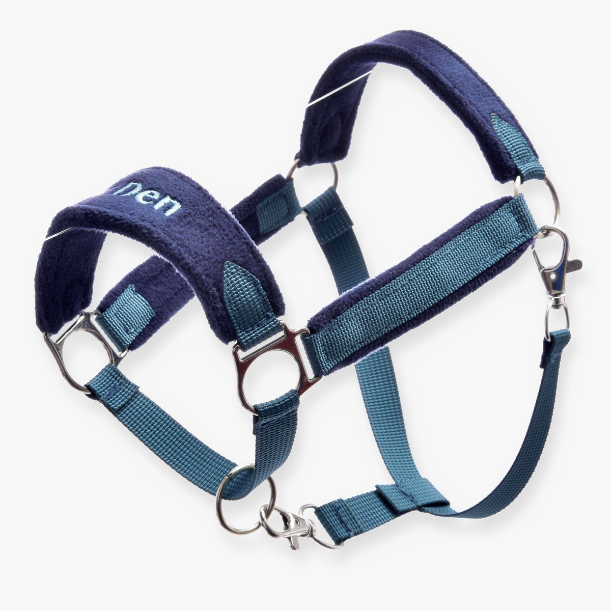 Hobby Horse Fur Halter LarDen Blue with navy fleece padding, teal webbing straps, silver rings and a snap hook