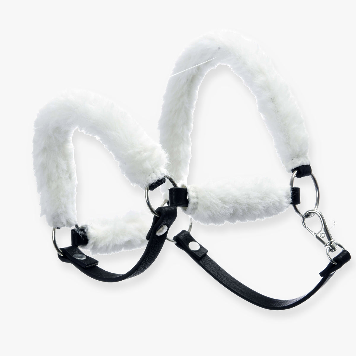 Hobby Horse Fur Halter Teddy Classic by LarDen, covered in fluffy white faux fur with black leatherette straps