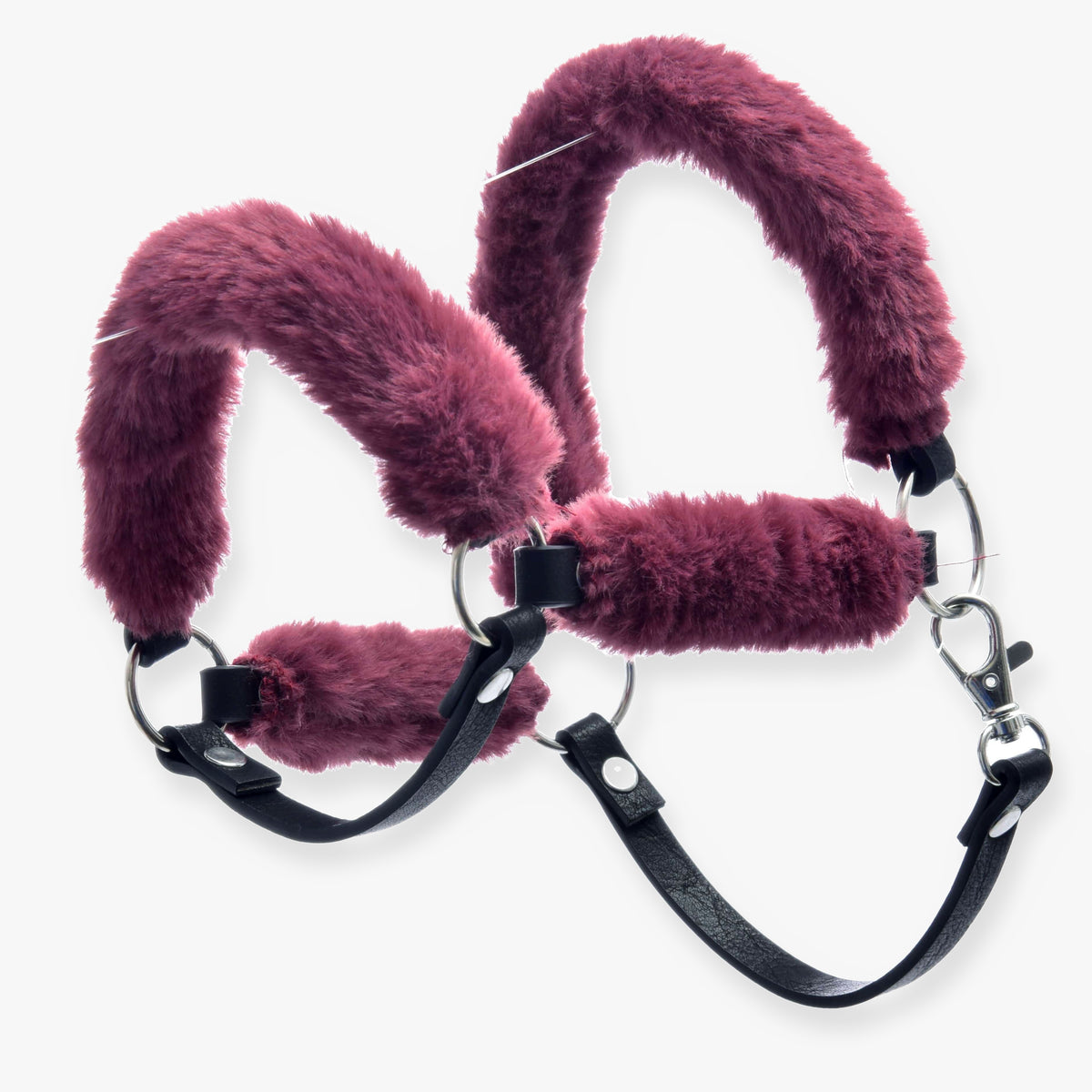 Hobby Horse Fur Halter Teddy Maroon by LarDen, covered in soft maroon faux fur with black leatherette straps and silver rings