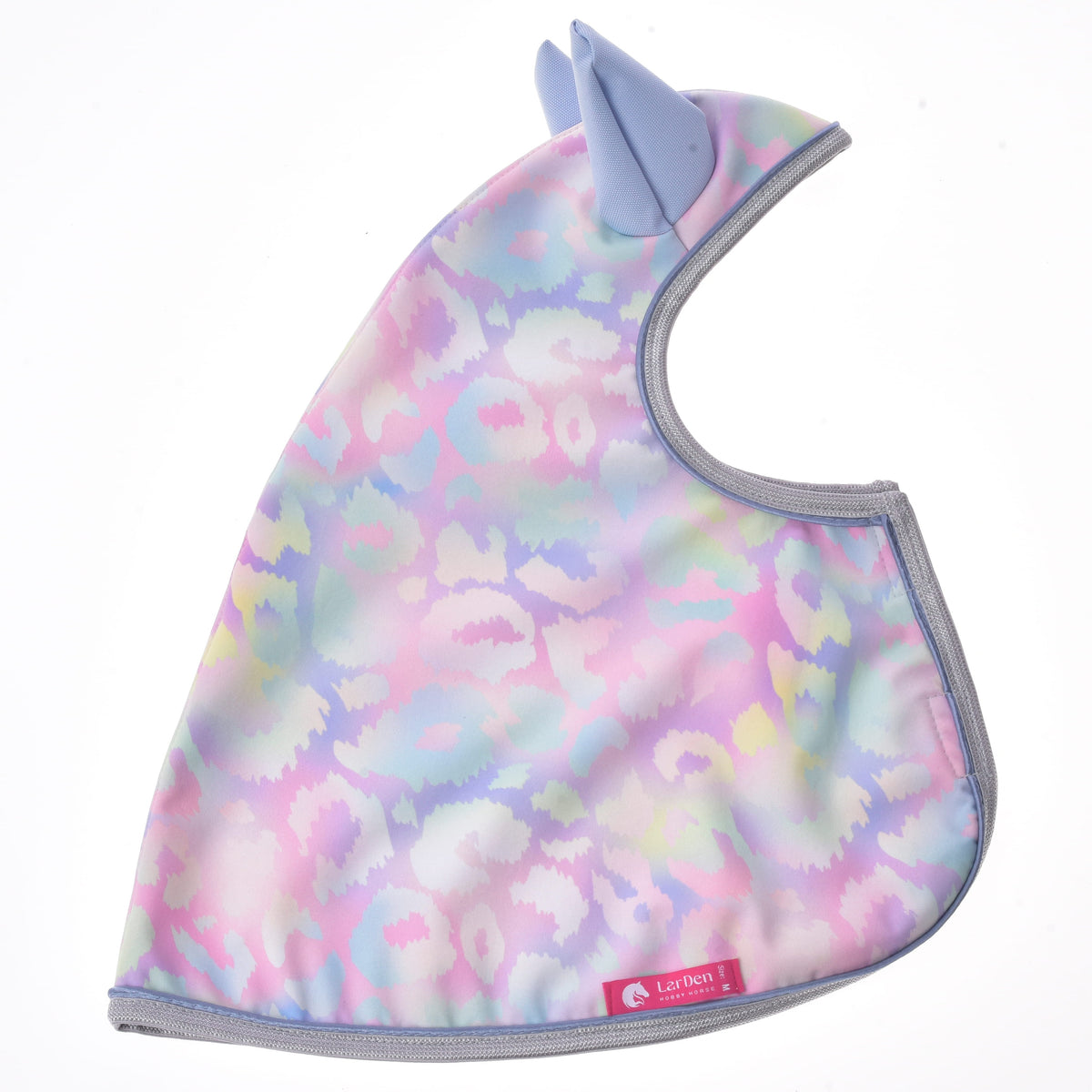 Raincoat Pallette laid flat from the side, pink, lilac and mint leopard softshell with one ear, silver edging and a pink label
