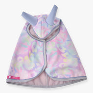 Hobby Horse dežno pregrinjalo Pallette (softshell) znamke LarDen od zgoraj: pastelni leopardji vzorec z vijolično modrimi ušesi in roza podlogo