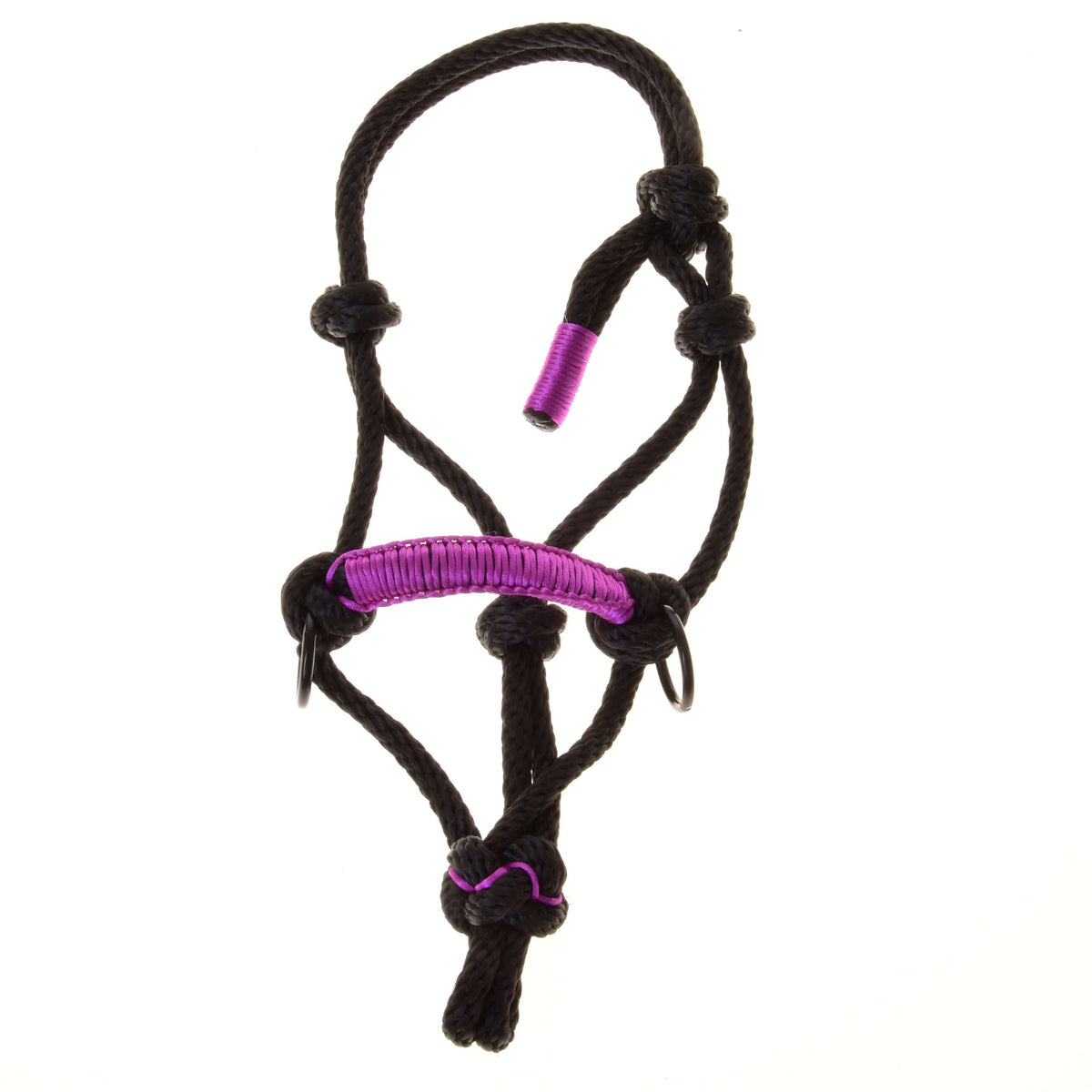 Pogled od spredaj na črno Hobby Horse vrvično oglavko z vozli, vijolično ovitim nosnikom in vijoličnim koncem za vezanje, na beli podlagi