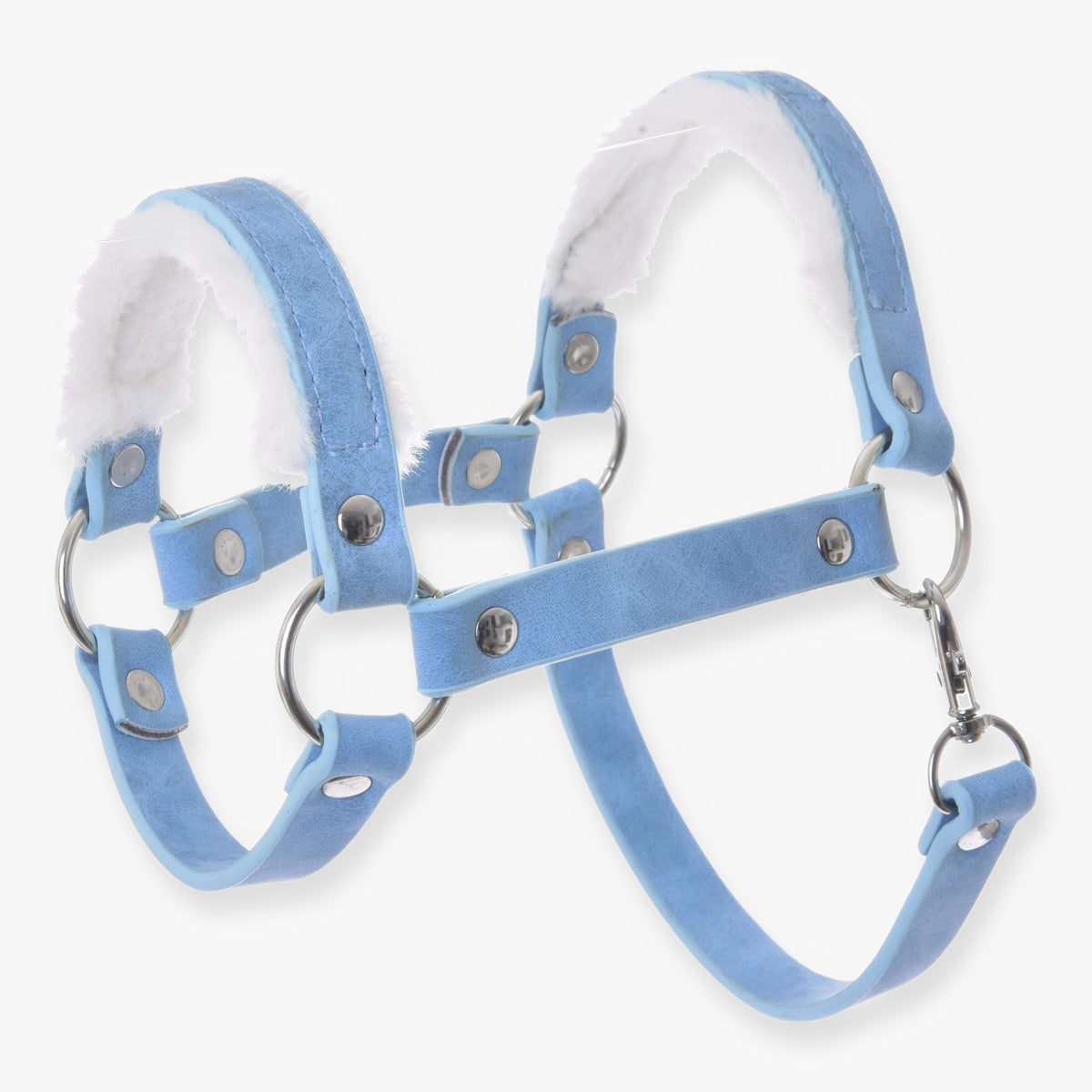 Hobby Horse oglavka s krznom Pastell Blue (umetno usnje) znamke LarDen: pastelno modra z belim krznom, srebrnimi obročki in karabinom
