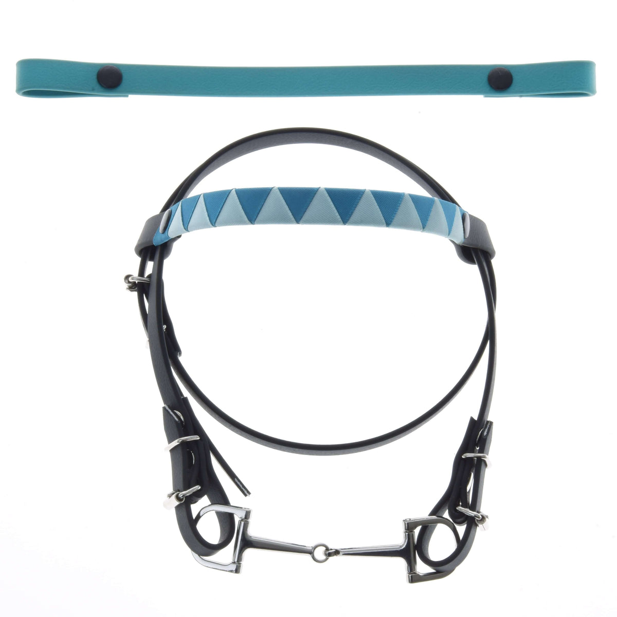 Črna Hobby Horse uzda z brzdo in turkiznim čelnikom s trikotniki ter drugim, enobarvnim turkiznim čelnikom s pritiskači