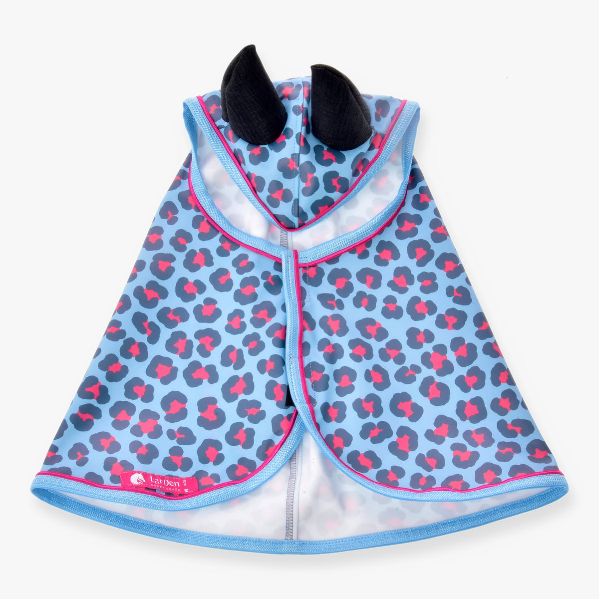 Hobby Horse dežno pregrinjalo Blue Leopard znamke LarDen od zgoraj: svetlo modro z antracitnimi in roza lisami, črnimi ušesi in roza paspulom