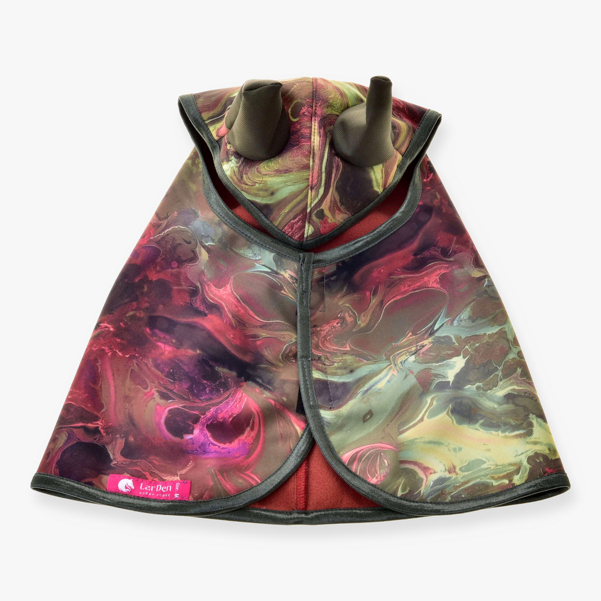 Hobby Horse Raincoat Galaxy by LarDen from above, marbled burgundy, pink and olive print, olive ears and a rust red lining