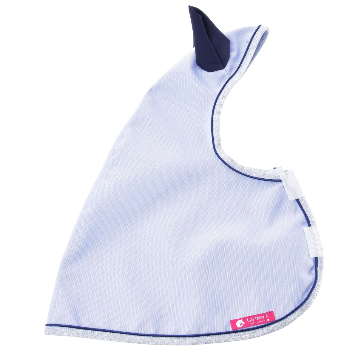 Hobby Horse Raincoat Luméa laid flat in side view with white closure tabs, navy piping and a pink LarDen label