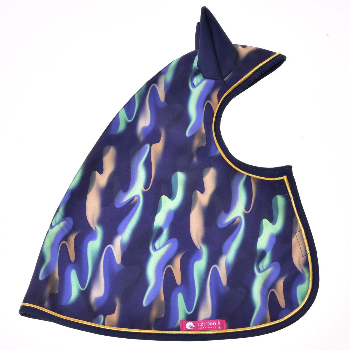 Hobby Horse Raincoat rainbow laid flat on white, the hood with navy ears and the pink LarDen label at the hem