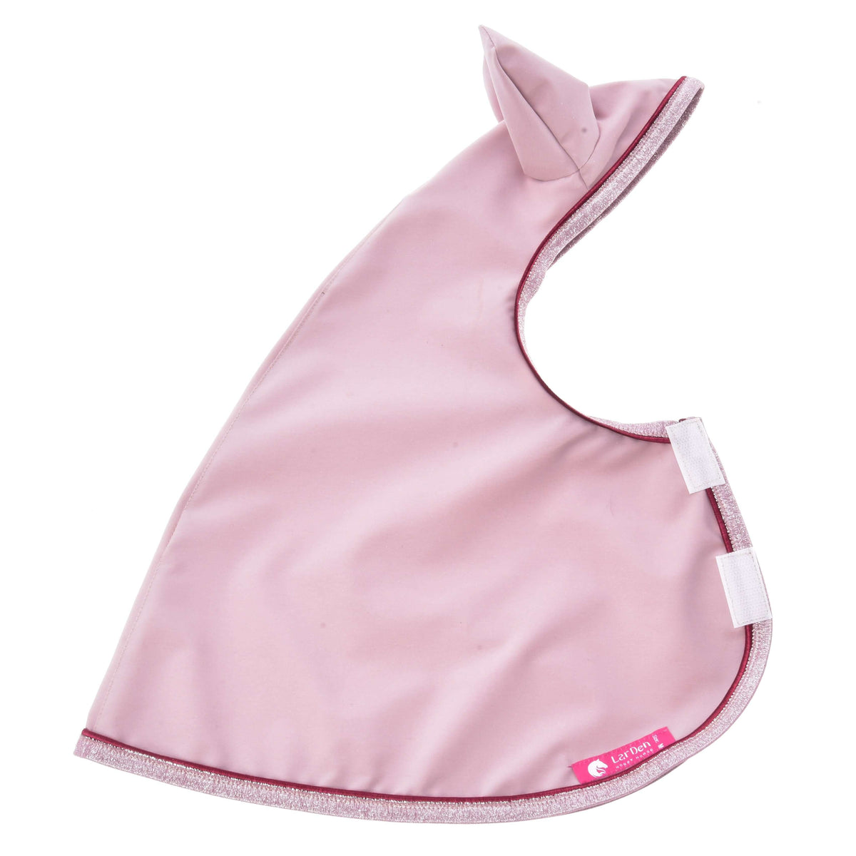 Hobby Horse Raincoat Veloria laid flat in side view with white closure tabs, burgundy piping and a pink LarDen label