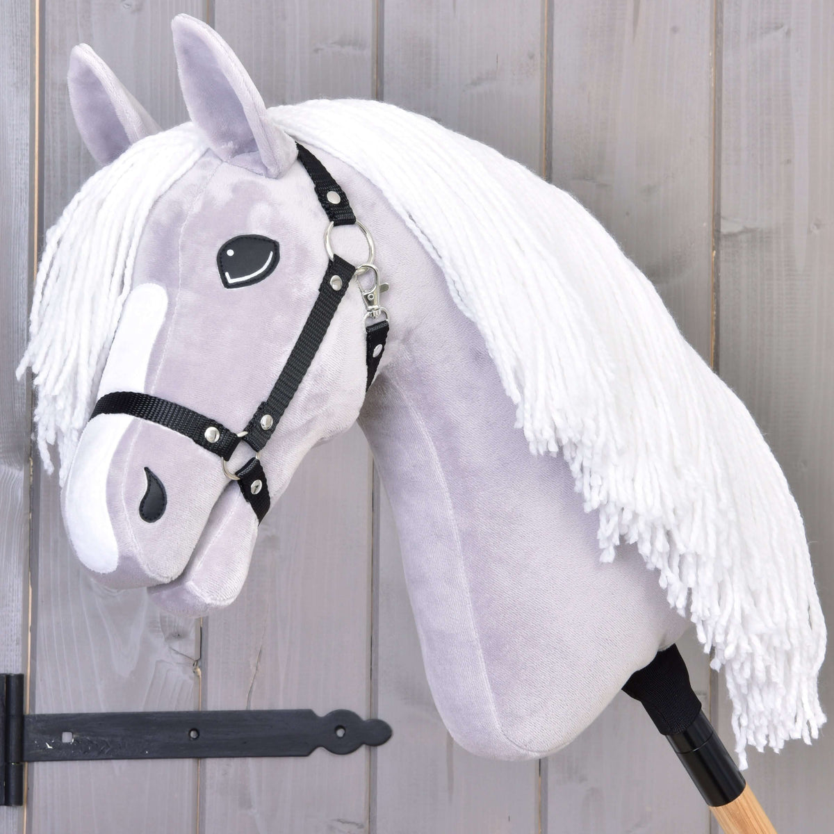 Hobby Horse Popcorn with Black Halter by LarDen, a light grey plush head with a white blaze and long white yarn mane