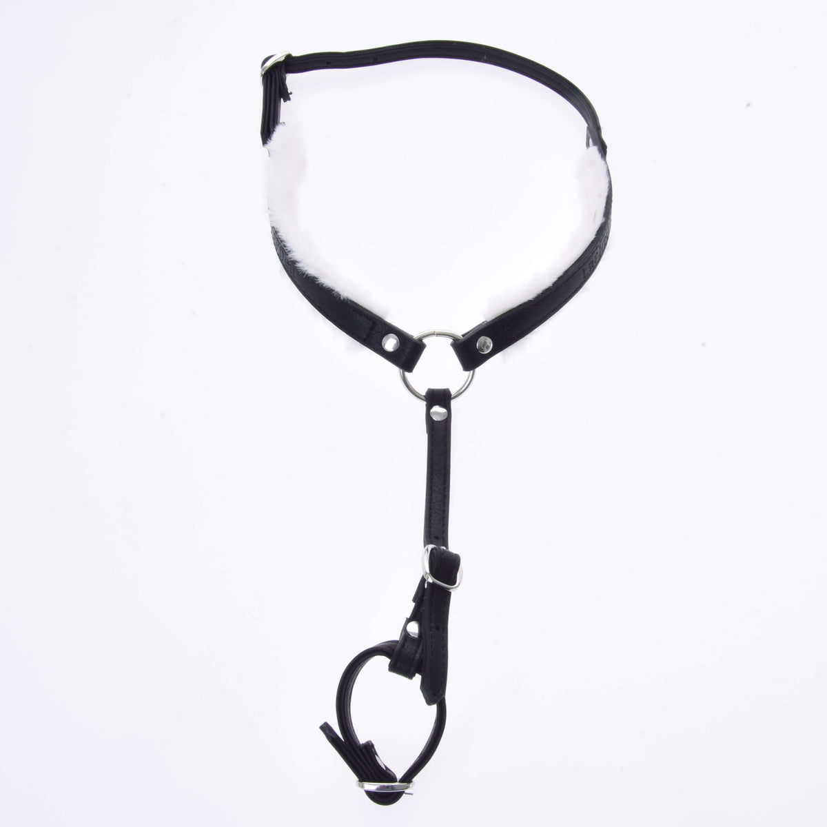 Black leatherette breastgirth laid out flat, with white fur on the neck strap, a centre ring and buckled loop
